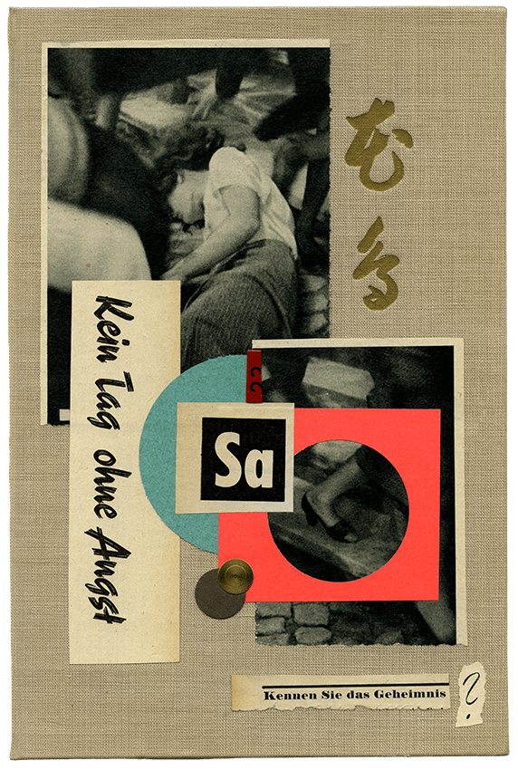 Analog collage by Julia Braun on old bookcover with japanese signs– womanem laying on the floor, Kein Tag ohne Angst 2026"