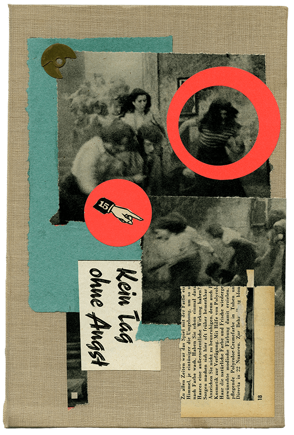 Analog collage by Julia Braun on old bookcover textfragments – photograph of running women from vintaga magazine Kein Tag ohne Angst 2026"
